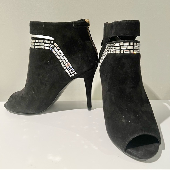 NINE WEST Black Suede Rhinestone Peep-Toe Ankle Boots - Picture 4 of 8